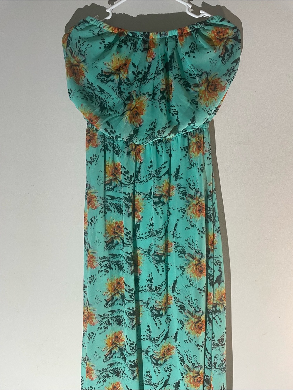Fab’rik White Collection Teal Floral Strapless Maxi Dress